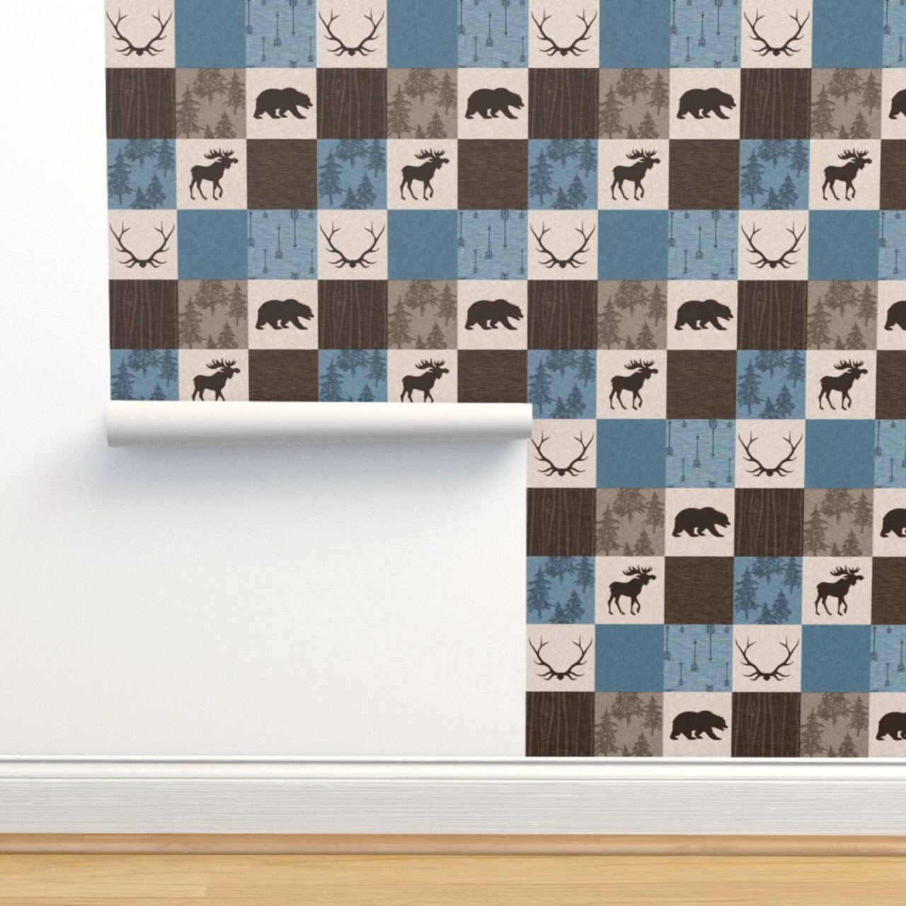 Brown Woodland Bears Patchwork Moose Antlers Wildlife Cabincore Tree Arrows Cheater Quilt Nature Cabin Custom Pre-pasted Wallpaper by Spoonflower Pre-Pasted Wallpaper 2FT Wide